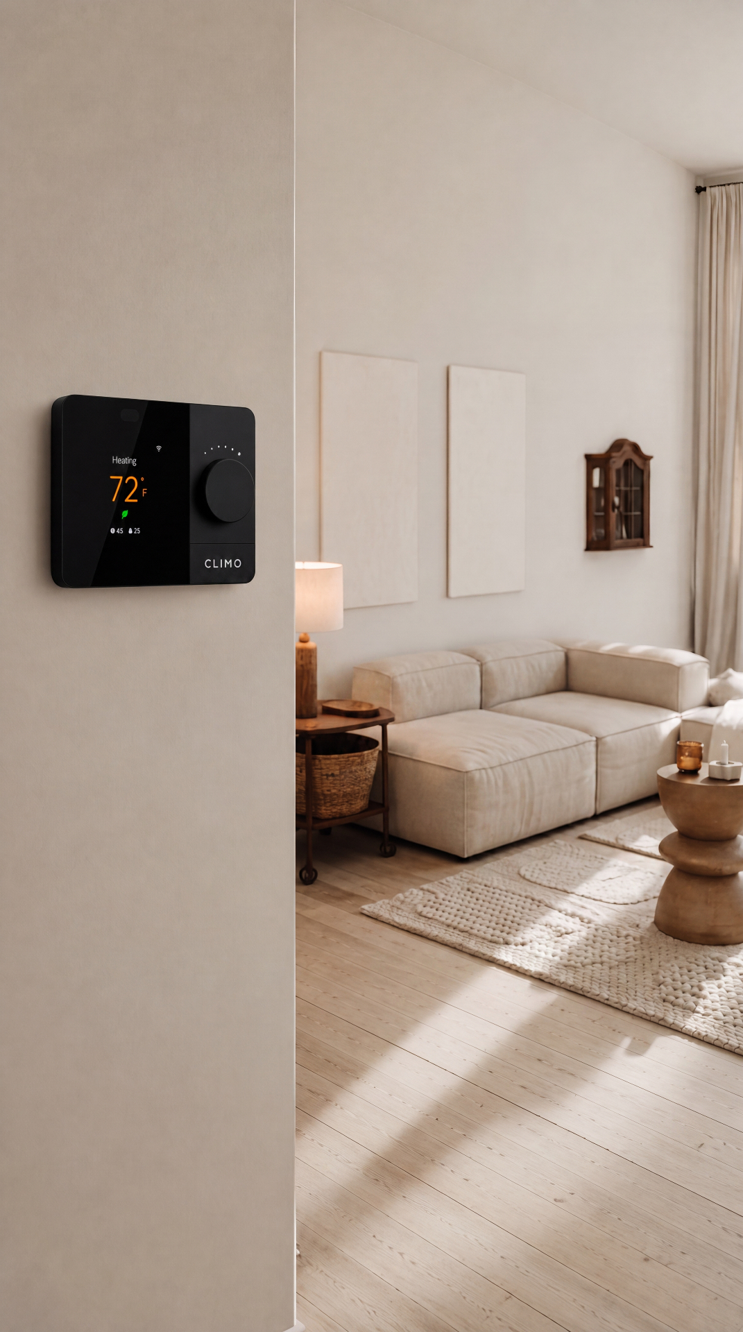 CLIMO Flow Wi-Fi Smart Thermostat mounted in a warm, minimalist living room